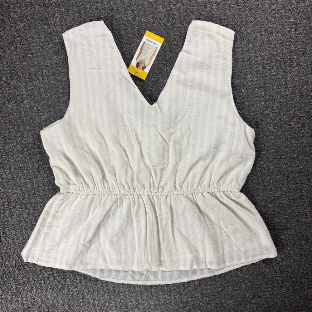 Steve Madden Womens Medium White Sleeveless V Neck Peplum Tie Waist Top NWT - Picture 2 of 13